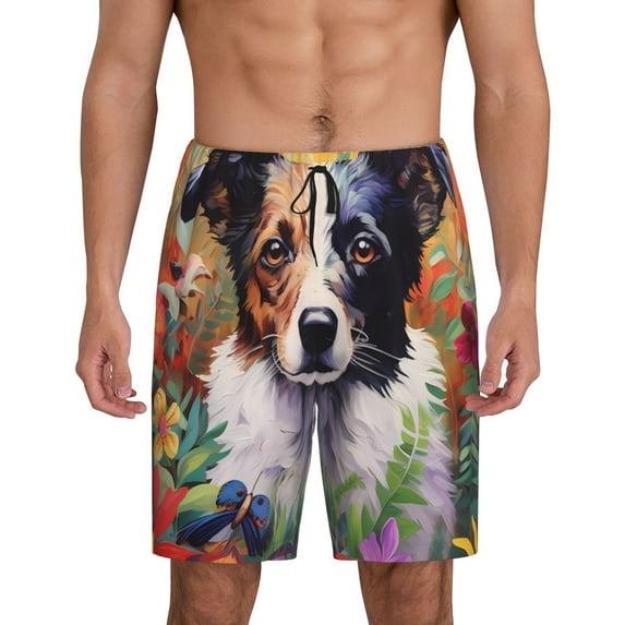 Tideii Colorful Flower Dog Print Men's Short Pajama Pants, Elastic Pocket Summer Pajama Pants Sleepwear, Lounge Pants-X-Large