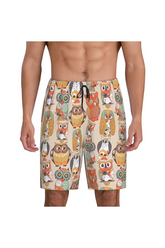 Colorful Owls Print Men's Short Pajama Pants, Elastic Pocket Summer Pajama Pants Sleepwear, Lounge Pants-Medium