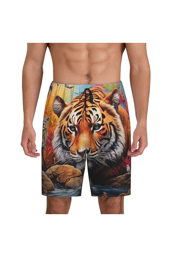 Colorful Plant Tiger Print Men's Short Pajama Pants, Elastic Pocket Summer Pajama Pants Sleepwear, Lounge Pants-3X-Large
