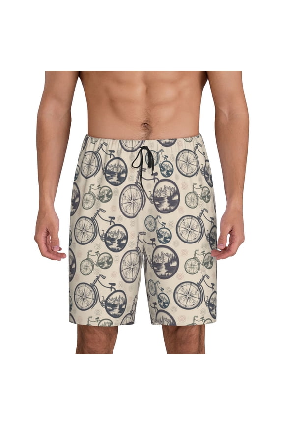 Compass And Mountains In Bicycle Wheels Print Men's Short Pajama Pants, Elastic Pocket Summer Pajama Pants Sleepwear, Lounge Pants-Small