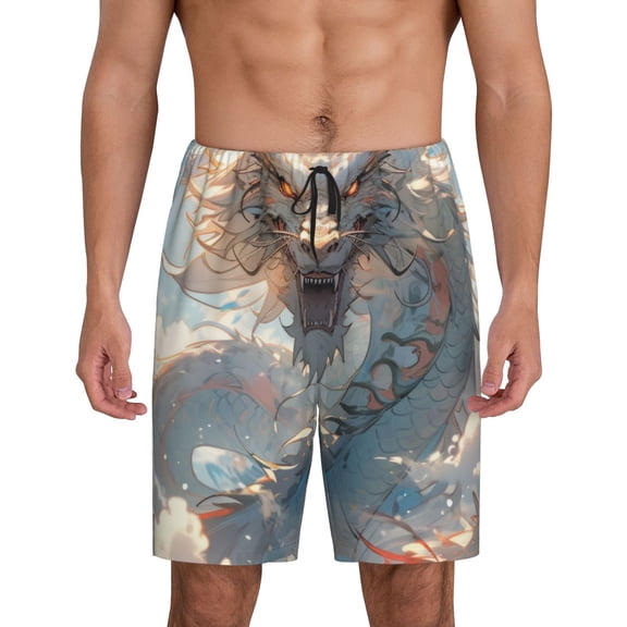 Tideii Cool Cloud White Dragon Print Men's Short Pajama Pants, Elastic Pocket Summer Pajama Pants Sleepwear, Lounge Pants-Large
