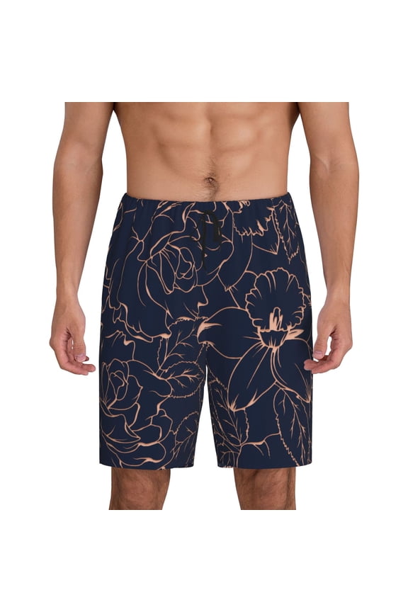 Copper-Gold Gloss Outline Flower Print Men's Short Pajama Pants, Elastic Pocket Summer Pajama Pants Sleepwear, Lounge Pants-X-Large
