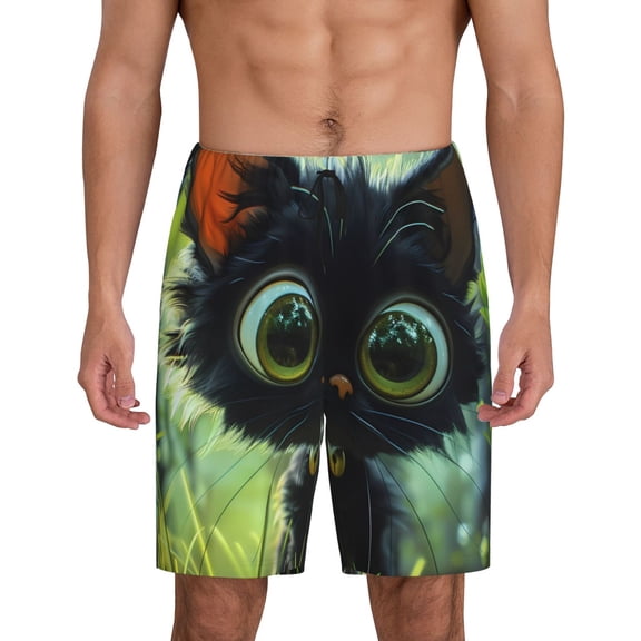 Tideii Cute Big-Eyed Black Cat Print Men's Short Pajama Pants, Elastic Pocket Summer Pajama Pants Sleepwear, Lounge Pants-Medium