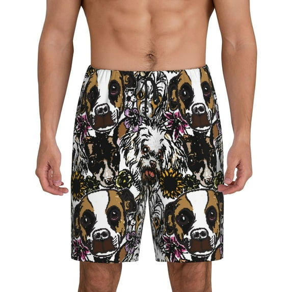 Tideii Cute Dogs Puppy2 Print Men's Short Pajama Pants, Elastic Pocket Summer Pajama Pants Sleepwear, Lounge Pants-4X-Large