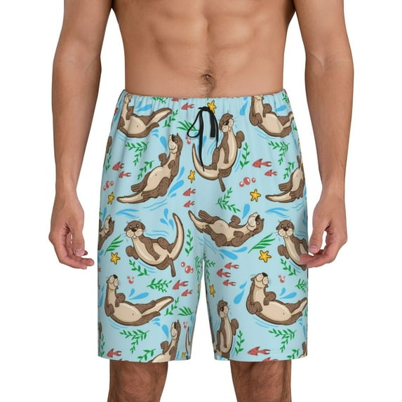 Tideii Cute Otters Print Men's Short Pajama Pants, Elastic Pocket Summer Pajama Pants Sleepwear, Lounge Pants-Small
