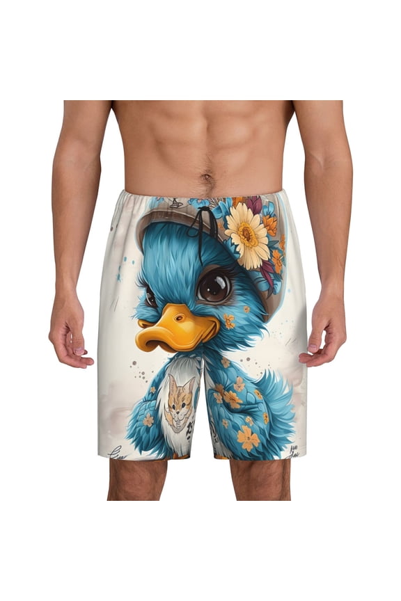 Cute Sunflower Blue Duck Print Men's Short Pajama Pants, Elastic Pocket Summer Pajama Pants Sleepwear, Lounge Pants-X-Large