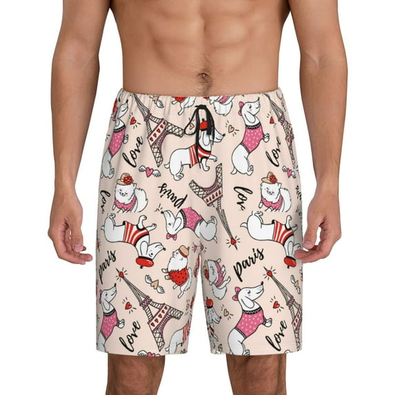 Tideii Dachshund And Eiffel Tower Print Men's Short Pajama Pants, Elastic Pocket Summer Pajama Pants Sleepwear, Lounge Pants-4X-Large