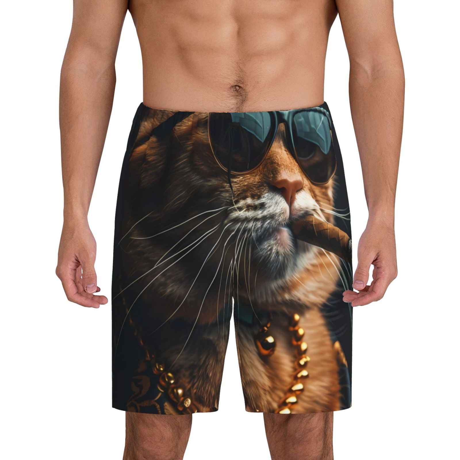 Tideii Dapper Cat in Sunglasses Print Men's Short Pajama Pants, Elastic ...