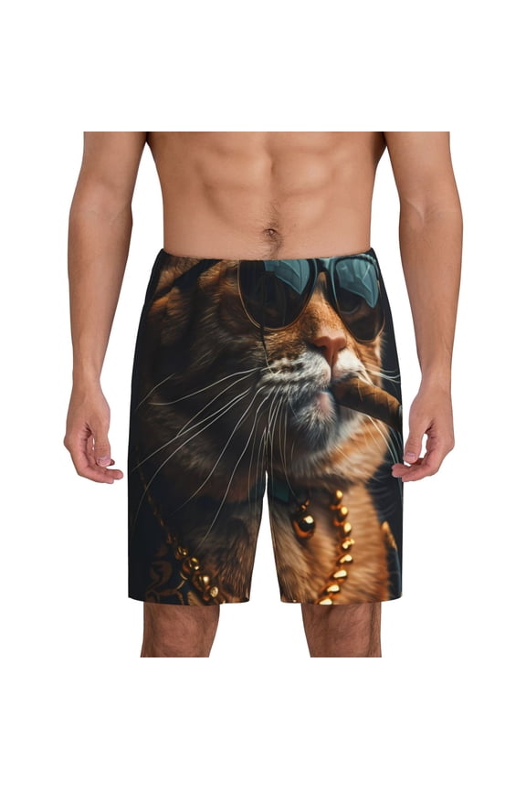 Dapper Cat in Sunglasses Print Men's Short Pajama Pants, Elastic Pocket Summer Pajama Pants Sleepwear, Lounge Pants-XX-Large