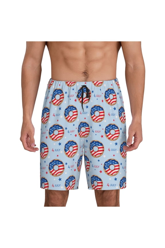 Donut with the USA Fag Print Men's Short Pajama Pants, Elastic Pocket Summer Pajama Pants Sleepwear, Lounge Pants-Medium