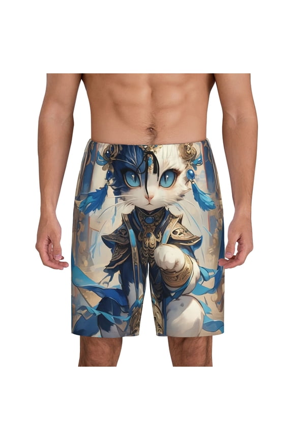 Exotic Blue Cat Print Men's Short Pajama Pants, Elastic Pocket Summer Pajama Pants Sleepwear, Lounge Pants-Small