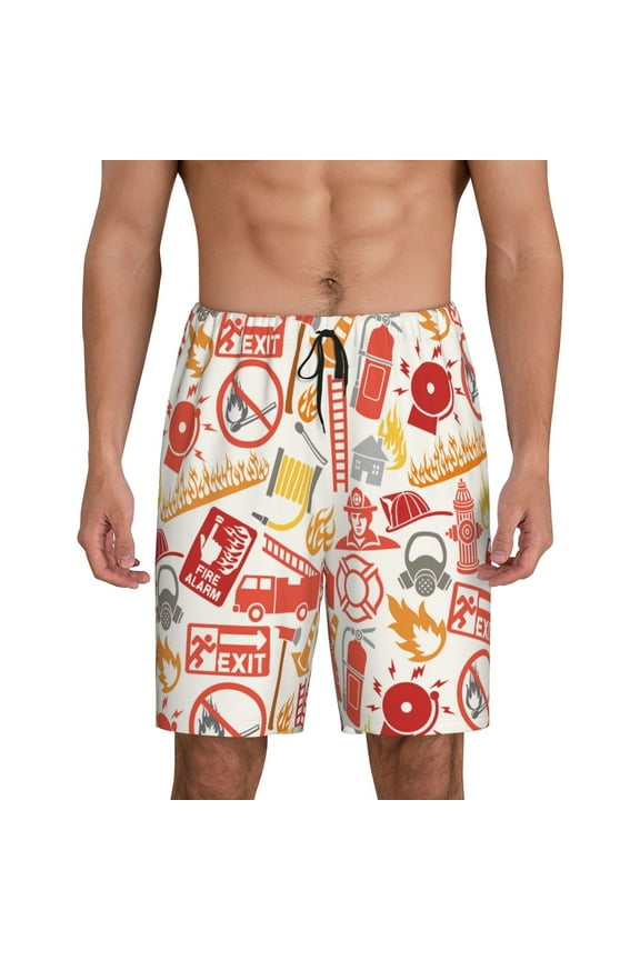 Firefighter Icons Print Men's Short Pajama Pants, Elastic Pocket Summer Pajama Pants Sleepwear, Lounge Pants-Small