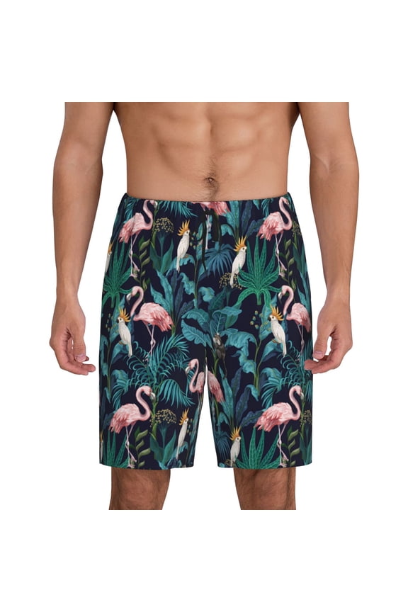 Flamingos And Birds Print Men's Short Pajama Pants, Elastic Pocket Summer Pajama Pants Sleepwear, Lounge Pants-Medium