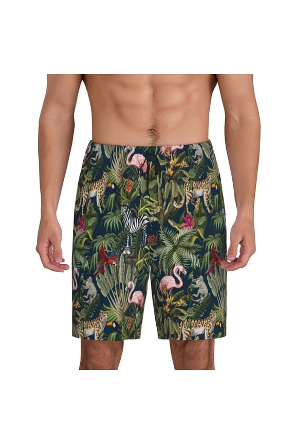 Flamingos And Palm Leaves Print Men's Short Pajama Pants, Elastic Pocket Summer Pajama Pants Sleepwear, Lounge Pants-Medium