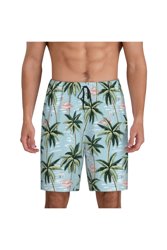 Flamingos And Palms Print Men's Short Pajama Pants, Elastic Pocket Summer Pajama Pants Sleepwear, Lounge Pants-Large