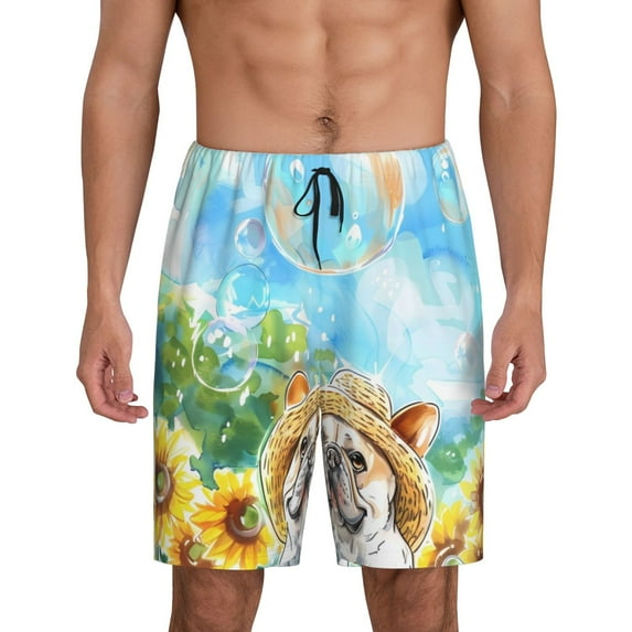 Tideii French Bulldog Sunflowers Bubbles Print Men's Short Pajama Pants, Elastic Pocket Summer Pajama Pants Sleepwear, Lounge Pants-X-Large