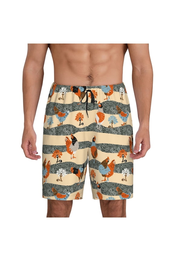 Funny Chicken Print Men's Short Pajama Pants, Elastic Pocket Summer Pajama Pants Sleepwear, Lounge Pants-X-Large