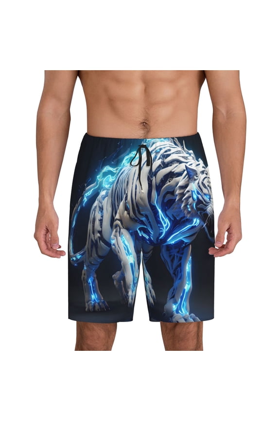 Futuristic Blue Light White Tiger Print Men's Short Pajama Pants, Elastic Pocket Summer Pajama Pants Sleepwear, Lounge Pants-Large