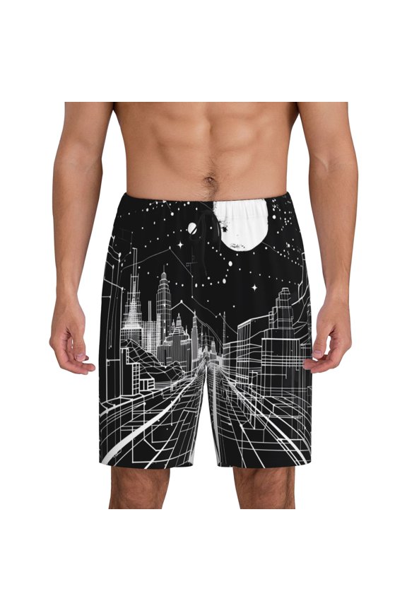 Futuristic Moonlit Cityscape Print Men's Short Pajama Pants, Elastic Pocket Summer Pajama Pants Sleepwear, Lounge Pants-Medium