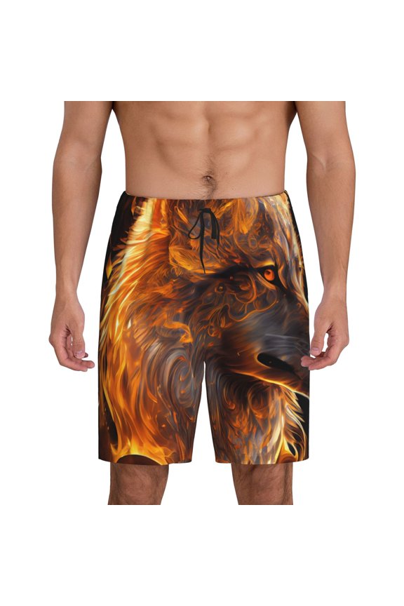 Gold Flame Pattern Wolf Print Men's Short Pajama Pants, Elastic Pocket Summer Pajama Pants Sleepwear, Lounge Pants-Medium