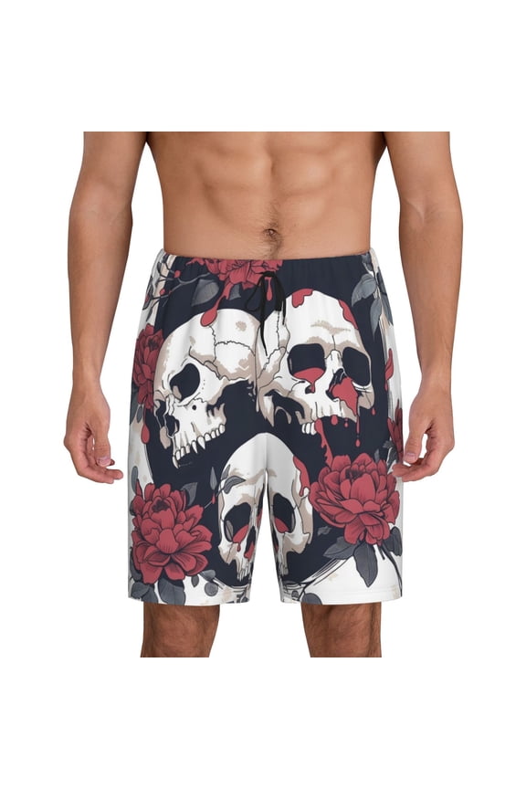Gothic Skulls And Roses Print Men's Short Pajama Pants, Elastic Pocket Summer Pajama Pants Sleepwear, Lounge Pants-Small
