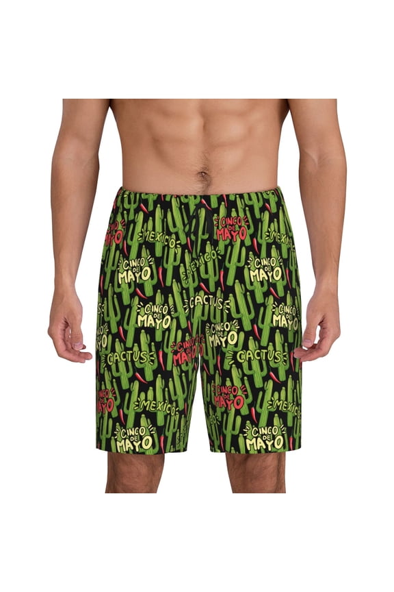 Green Cacti And Red Chili Print Men's Short Pajama Pants, Elastic Pocket Summer Pajama Pants Sleepwear, Lounge Pants-Large