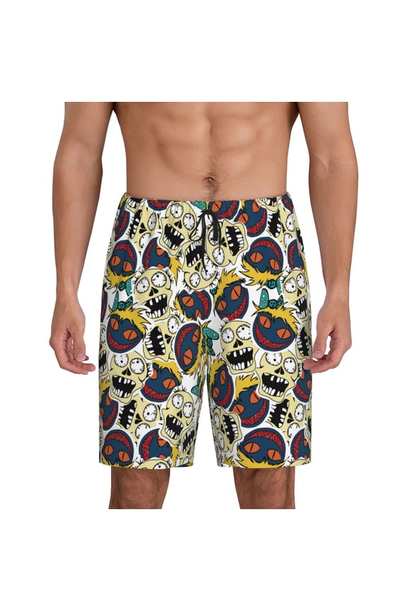 Happy Skeleton Print Men's Short Pajama Pants, Elastic Pocket Summer Pajama Pants Sleepwear, Lounge Pants-3X-Large