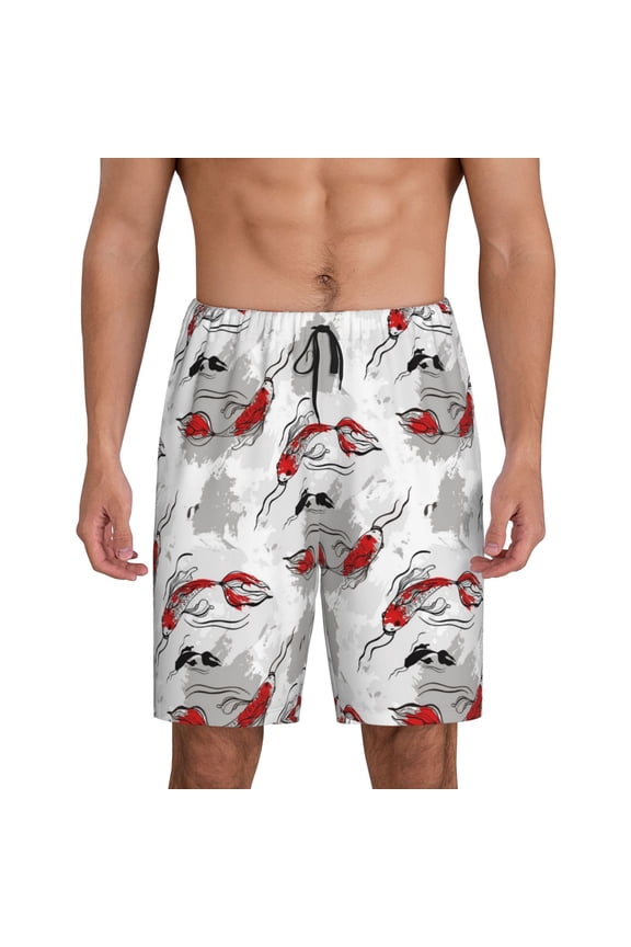 Koi Fish Print Men's Short Pajama Pants, Elastic Pocket Summer Pajama Pants Sleepwear, Lounge Pants-Small
