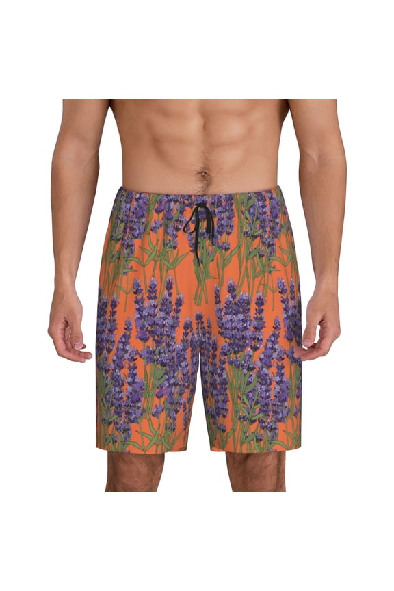 Lavender Flowers Print Men's Short Pajama Pants, Elastic Pocket Summer Pajama Pants Sleepwear, Lounge Pants-Medium