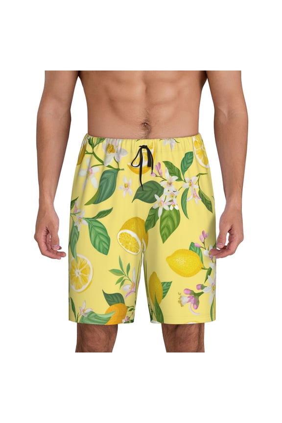 Lemon Print Men's Short Pajama Pants, Elastic Pocket Summer Pajama Pants Sleepwear, Lounge Pants-Large