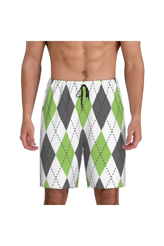 Light green and black argyle Print Men's Short Pajama Pants, Elastic Pocket Summer Pajama Pants Sleepwear, Lounge Pants-Large