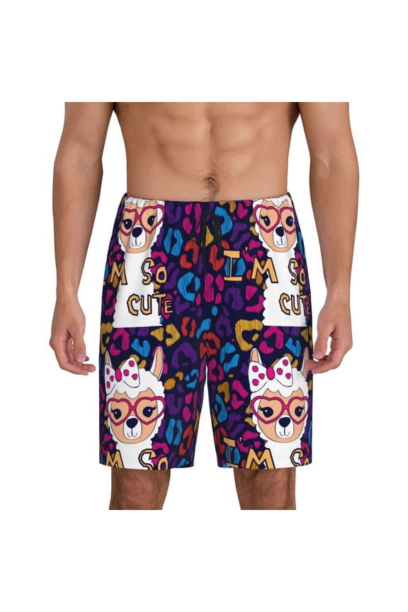 Llama Alpaca Print Men's Short Pajama Pants, Elastic Pocket Summer Pajama Pants Sleepwear, Lounge Pants-Large