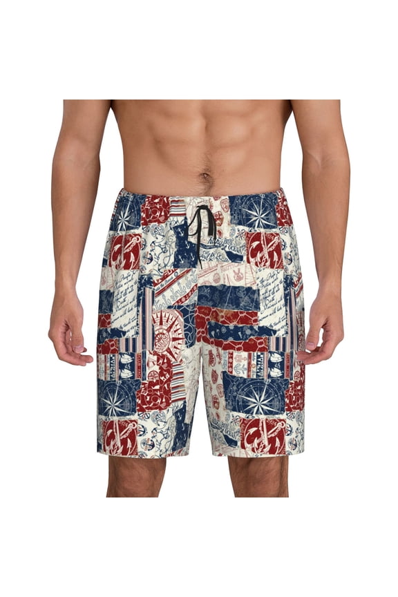 Marine Sailing Print Men's Short Pajama Pants, Elastic Pocket Summer Pajama Pants Sleepwear, Lounge Pants-3X-Large