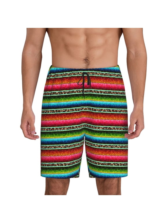 Mexican Leopard Serape Blanket Stripes Print Men's Short Pajama Pants, Elastic Pocket Summer Pajama Pants Sleepwear, Lounge Pants-Large