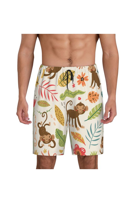 Monkeys in the Jungle Print Men's Short Pajama Pants, Elastic Pocket Summer Pajama Pants Sleepwear, Lounge Pants-Large