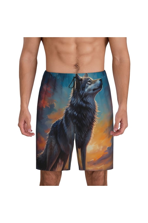 Moonlit Night Sky Wolf Print Men's Short Pajama Pants, Elastic Pocket Summer Pajama Pants Sleepwear, Lounge Pants-Large