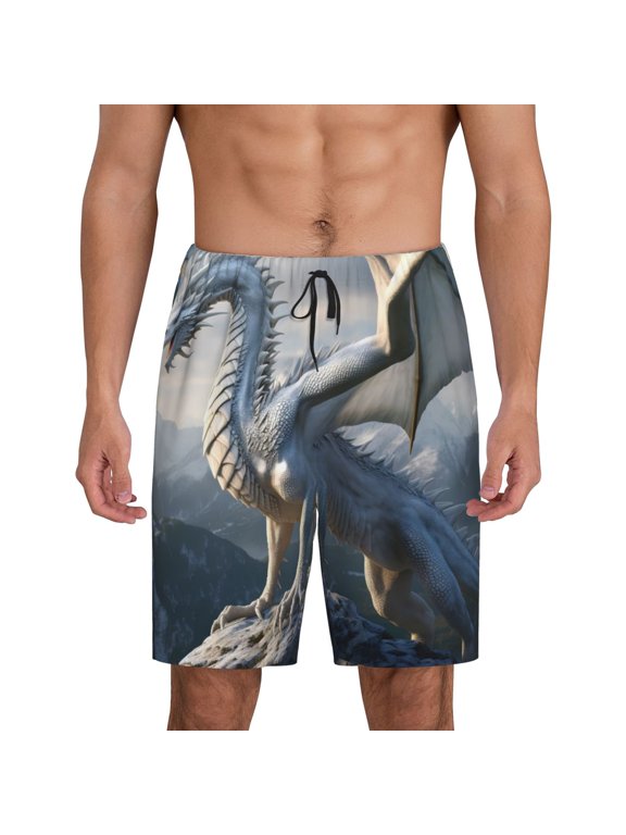 Mountain White Dragon Print Men's Short Pajama Pants, Elastic Pocket Summer Pajama Pants Sleepwear, Lounge Pants-X-Large