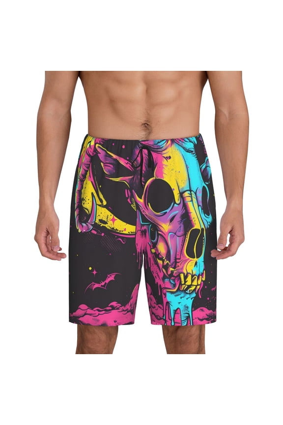 Neon Gothic Skull Moon Print Men's Short Pajama Pants, Elastic Pocket Summer Pajama Pants Sleepwear, Lounge Pants-Large