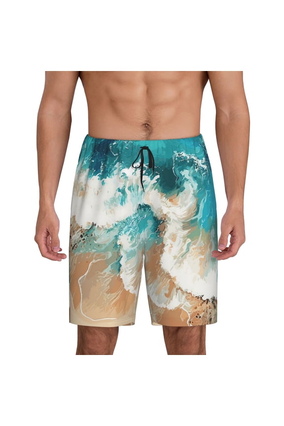 Ocean Wave Crash Print Men's Short Pajama Pants, Elastic Pocket Summer Pajama Pants Sleepwear, Lounge Pants-Medium