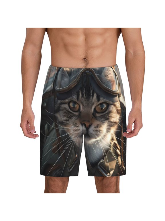 Pilot Cat In Vintage Plane Print Men's Short Pajama Pants, Elastic Pocket Summer Pajama Pants Sleepwear, Lounge Pants-X-Large