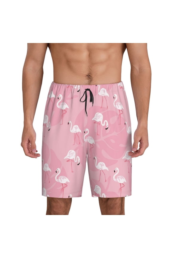 Pink Flamingos and Flowers Print Men's Short Pajama Pants, Elastic Pocket Summer Pajama Pants Sleepwear, Lounge Pants-X-Large