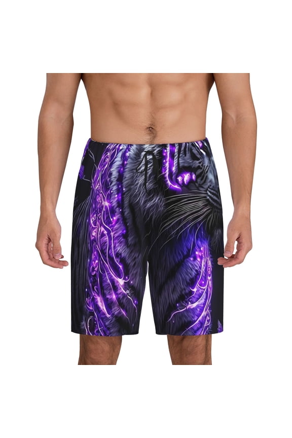 Purple Plant White Tiger Print Men's Short Pajama Pants, Elastic Pocket Summer Pajama Pants Sleepwear, Lounge Pants-Small