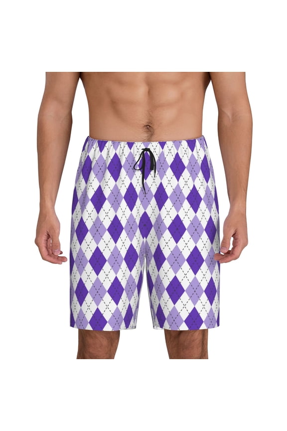 Purple argyle Print Men's Short Pajama Pants, Elastic Pocket Summer Pajama Pants Sleepwear, Lounge Pants-4X-Large