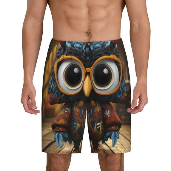 Tideii Quirky Owl With Glasses Print Men's Short Pajama Pants, Elastic Pocket Summer Pajama Pants Sleepwear, Lounge Pants-3X-Large