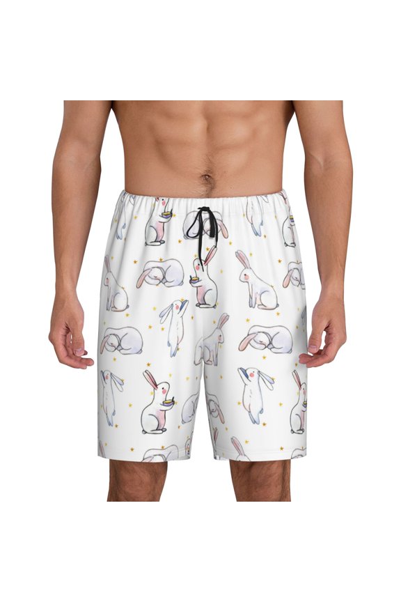 Rabbit Eating Print Men's Short Pajama Pants, Elastic Pocket Summer Pajama Pants Sleepwear, Lounge Pants-Small