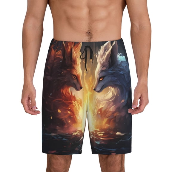 Tideii Red And White Flame Fox Print Men's Short Pajama Pants, Elastic Pocket Summer Pajama Pants Sleepwear, Lounge Pants-3X-Large