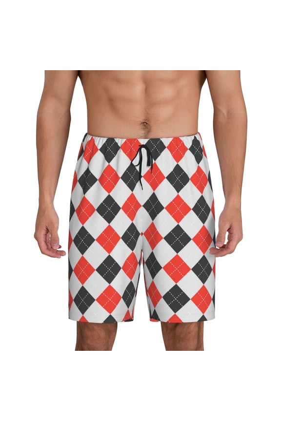 Red and black argyle Print Men's Short Pajama Pants, Elastic Pocket Summer Pajama Pants Sleepwear, Lounge Pants-4X-Large