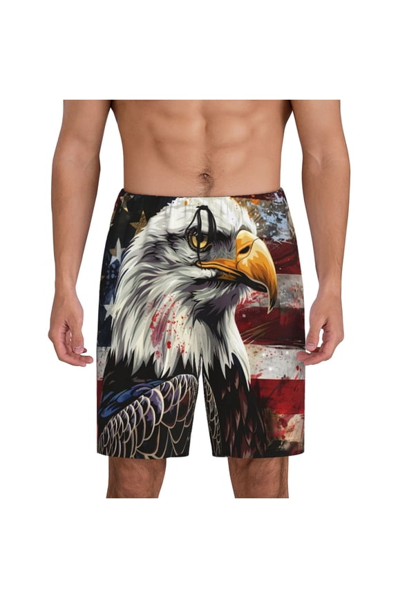 Retro American Eagle A Print Men's Short Pajama Pants, Elastic Pocket Summer Pajama Pants Sleepwear, Lounge Pants-4X-Large