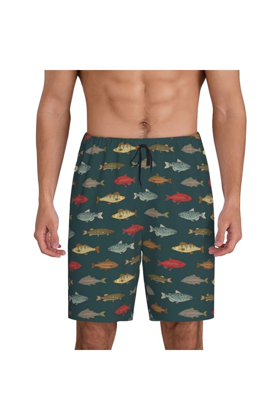 River Freshwater Fish Print Men's Short Pajama Pants, Elastic Pocket Summer Pajama Pants Sleepwear, Lounge Pants-Large