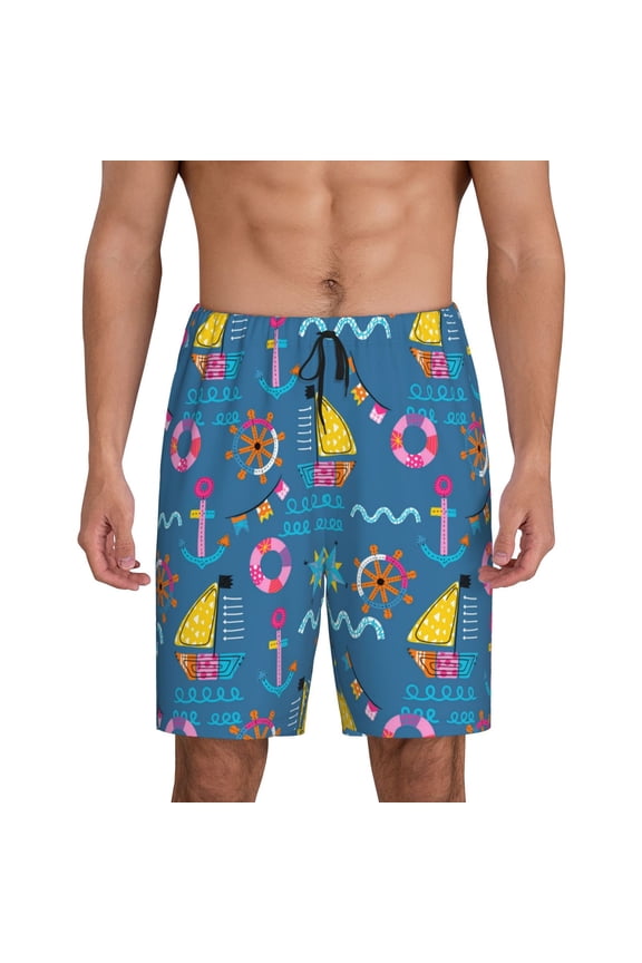 Sailboat With Sailing Print Men's Short Pajama Pants, Elastic Pocket Summer Pajama Pants Sleepwear, Lounge Pants-Small